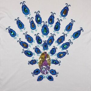 VTG Victoria Harbour Peacock Sequin Beaded Shirt Small AS IS Sleeve Mark Retro